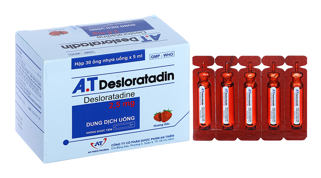 Thuốc A.T Desloratadin 2.5mg An Thiên điều trị viêm mũi dị ứng, mày đay (30 ống x 5ml)