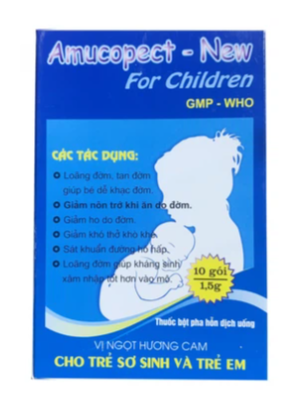 Thuốc bột Amucopect-New For Children Pharbaco hương cam giúp loãng đờm, tan đờm (10 gói x 1.5g)