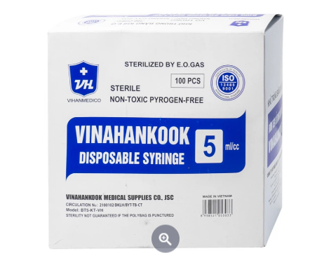 Bơm tiêm sử dụng một lần Vinahankook 5ml/cc 23G được khử trùng bằng khí E.O (100 cái)