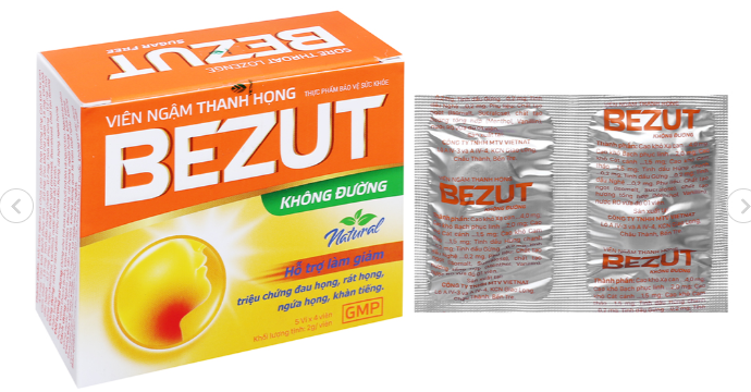 Viên ngậm thanh họng Bezut không đường hỗ trợ giảm đau họng hộp 20 viên