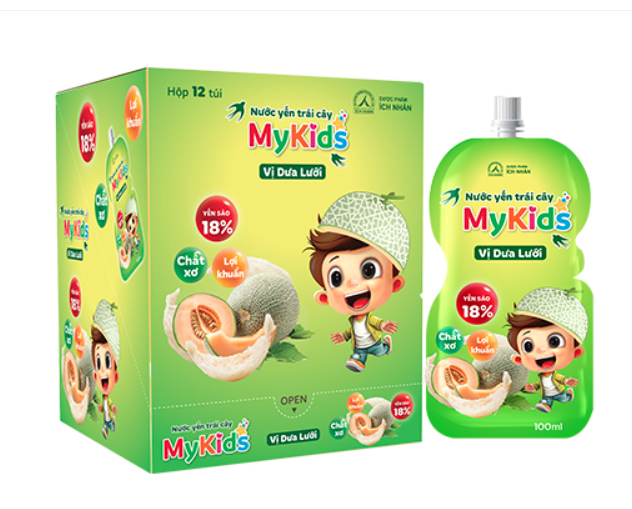 Nước Yến trái cây Mykids Hộp 12 gói vị dưa lưới – Túi 100ml