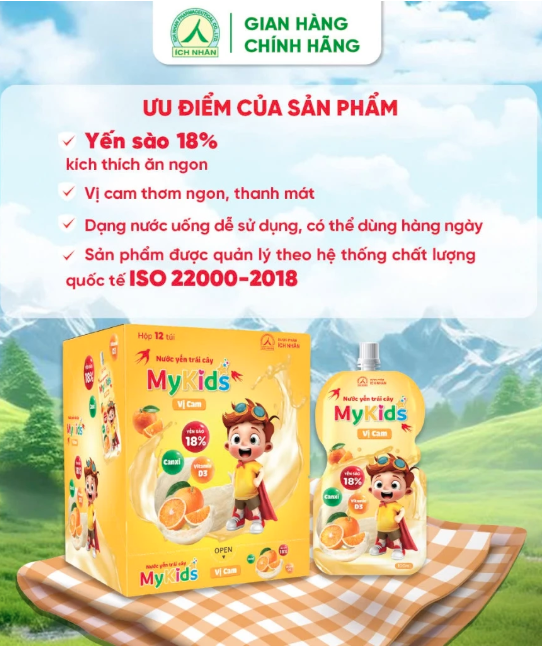 Nước Yến trái cây Mykids Hộp 12 gói vị cam - Túi 100ml