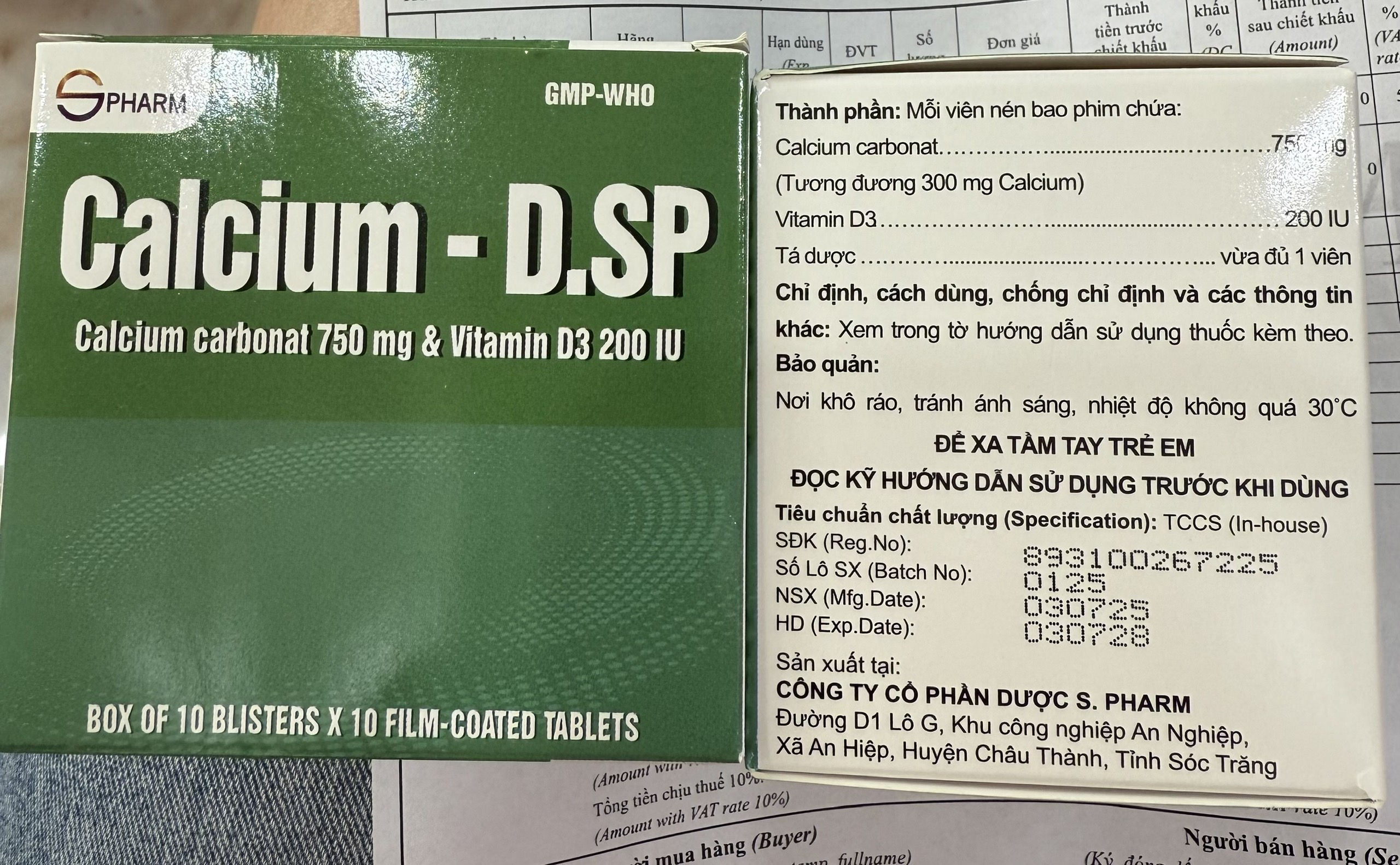 Calcium- D.SP( calcium carbonat 750mg &vtm d3 200iu)- S.Pharma