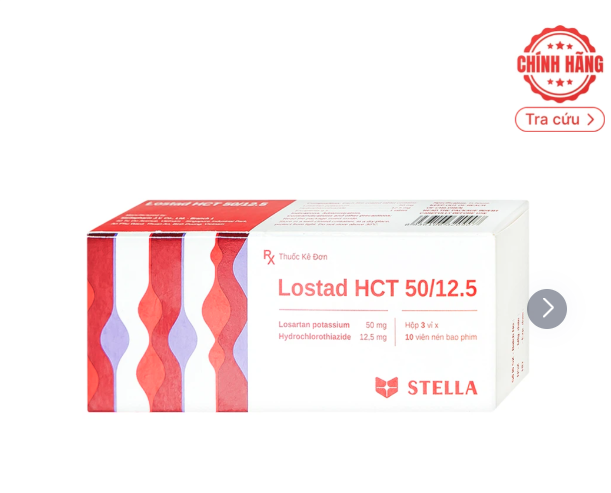 Thuốc Lostad HCT 50/12.5 Stella điều trị tăng huyết áp, giảm nguy cơ đột quỵ (3 vỉ x 10 viên)
