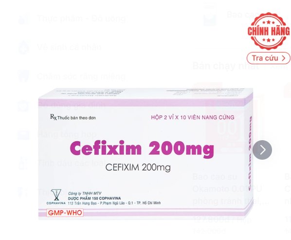 Thuốc Cefixim 200mg Cophavina điều trị nhiễm khuẩn (2 vỉ x 10 viên)